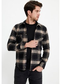 Resim Imza Kahverengi Ekose Smart Yaka Slim Fit Erkek Oduncu Gömlek 