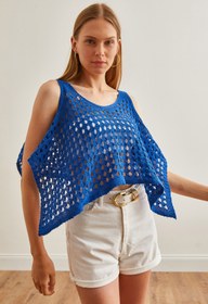 Resim Olalook Kadın Saks Mavi Ajurlu Crop Bolero Triko Bluz BLZ-19002687 
