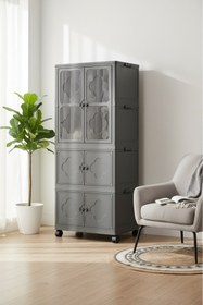 Resim 3 Katlı Katlanabilir Modüler Giysi ve Eşya Dolabı – Tekerlekli, Kapaklı, Şeffaf Pencereli Tasarım - Gri 