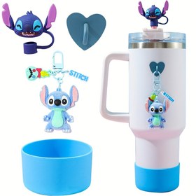 Resim 4 adet Stitch Temalı Kupa Aksesuar Seti - Stitch Şekerlik Şapkası, Kalp Şekilli Kanca, Kaymaz Ped ve Stitch Anahtarlık içerir - Tumbler'nizi Kişiselleştirmek İçin Mükemmel, Tumbler Aksesuarları | Eğlenceli Tasarım | Silikon Malzeme, Stitch Aksesuarları 