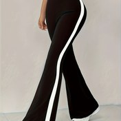 Resim Kadınların Siyah Flare Bacaklı Pantolonları Yan Şerit Tasarımı ile - Esnek Polyester, Rahat Tüm Mevsim Stili, Yüksek Belli Çan Altı, Günlük Moda için Mükemmel, Günlük Moda Pantolonları | Şık Çan Altı | Polyester Kumaş 
