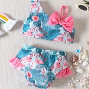 Resim Kızlar İçin Moda Bikini Takımı, Eğik Omuzlu Fiyonklu Flamingo Balık Pulu Çapa Denizatı Desenli Sevimli 1-4 Yaş Plaj Mayo İki Parça 