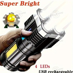 Resim Heeykeey Şarj Edilebilir USB Feneri, Açık Hava Kampı ve Balıkçılık için 4 LED ve COB Yan Işıkları ile, 4 Mod - Parlak, Dayanıklı ve Pratik - 1 adet 