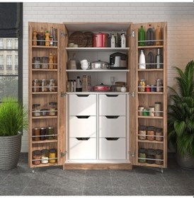 Resim 165 Derece Açılabilir 2 Kapaklı, 6 Çekmeceli, Kavanoz Raflı Kiler Ve Erzak Mutfak Dolabı Atlantik Çam 