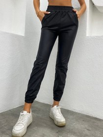 Resim Kadın Paçası Lastikli Cep Detaylı Deri Tayt Pantolon - Siyah / 2XL-3XL 