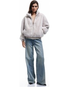 Resim Koton Fermuarlı Dik Yaka Cepli Suni Kürk Peluş Oversize Crop Mont Ekru 6wak00004ew Ekru 