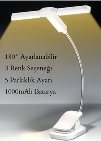 Resim Asfal Şarjlı Klipsli LED Mini Kitap Okuma Lambası, Beyaz, 3 Işık Rengi, 5 Parlaklık, 180° Ayarlı, 1000mAh 