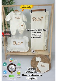 Resim Gros Shop Müslin Yeni Doğan 4katlı Organik %100pamuk Kişiye Özgü Nakışlı Hastane Çıkış Seti-kahverengi Kalpli Ekru-1 