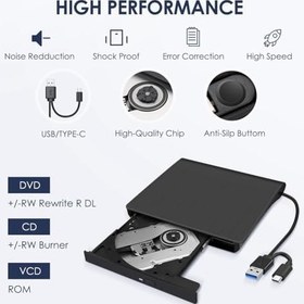 Resim Harici CD DVD +/-RW Sürücü, USB 3.0 ve USB-C Taşınabilir CD ve DVD ROM Burner Player Okuyucu Yazar Rewriter Disk Sürücü Kurulum, Siyah 