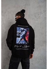 Resim Erkek Astronot Baskılı Kapüşonlu Sweat - Siyah Siyah 