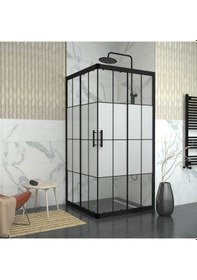 Resim Tekno Duş Black Vega 6mm Karolajlı Ortası Kumlamalı Kare Duşakabin Yarı Beyaz 