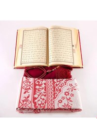 Resim Şal + Seccade + Tesbih + Kuran Hediye Seti Orta Boy, Kadife, Bordo 