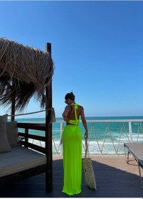 Resim Moderie Butik Kadın Mayo Kumaş Bağlamalı Crop Ve Maxi Boy Etek Ikili Takım Neon Yeşil 