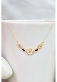 Resim Papatya Silver 925 Ayar Gümüş Gold Kaplama Mineli Papatya Uğur Böceği Kolye 