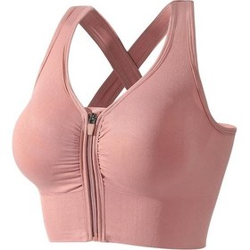 Resim Pembe Moda Fermuar Spor Sutyeni Kırpma Üst Spor Kadın Spor Sütyen Spor Çapraz Toplamak Dokuma Streç Spor Yoga Iç Çamaşırı Pembe 