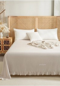 Resim Buldan Keten Yatak Örtüsü, Pamuklu Keten, Fırfırlı Bej 