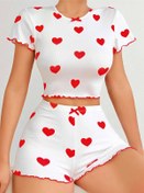 Resim Glowify Store BUĞZ Kadın Beyaz kırmızı kalp Desenli şortlu Gecelik Takım 5023 
