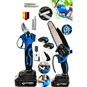 Resim Sturdy Pro 2'li Set 21 Volt Çift Akülü Çelik Şanzuman Şarjlı Dal Ağaç Kesme Bağ Budama Makası 