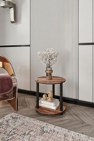Resim Modern Çift Katlı Yuvarlak Orta Yan Sehpa Dekoratif Metal Ayaklı Kitap ve Aksesuar Raflı Salon Oturma Odası Şık Kullanışlı Tasarım (2) 