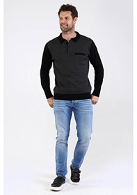 Resim Çizgi Triko Erkek Polo Yaka Çelik Örgü Triko Kazak 4610F Siyah 