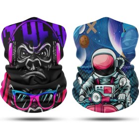 Resim Dair Aksesuar Maymun - Motorlu Astronot Desenli 2'li Set Boyunluk Bandana Outdoor Balaklava Yüz Maskesi Kafa Bandı 