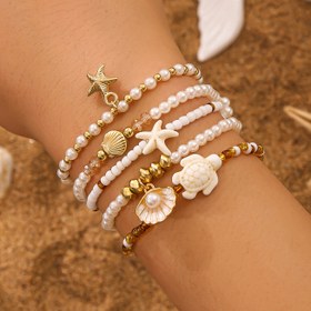Resim 5'li/3'lü/2'li Şık Minimalist Çok Katmanlı Denizyıldızı, Kaplumbağa ve Kabuk Pandantifli Boncuklu Bileklikler - Kadınlar için Sevimli Yaz Tatili Parti & Günlük Takı Seti 