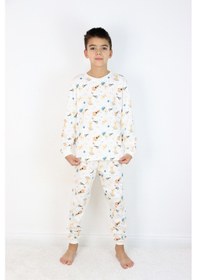 Resim Harika Kids Erkek Çocuk Baskılı İnterlok Kumaş Uzun Kollu Pijama Takımı Beyaz - Gri 