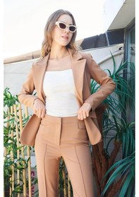 Resim Kadın Yakalı Cep Kapaklı Tek Düğme Hafif Lirkalı Kumaş Blazer Ofis Ceket Pantolon Kodu Jument 40082 -camel CAMEL 