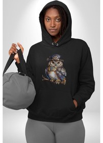 Resim Şapkalı Amerikalı Baykuş Burjuva Baykuş Kadın Erkek Siyah Kapüşonlu Sweatshirt Hoodie Siyah 