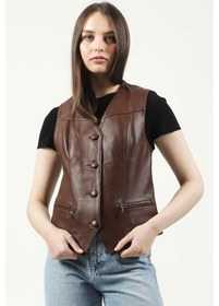 Resim Dericlub Vittoria Kadın Düğmeli Slim Fit Hakiki Deri Yelek Fındık Koyu Kahve 