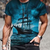 Resim Erkekler için 3D Tekne Baskılı, Yuvarlak Yaka, Polyester %90 Spandex %10, Orta Esneklik, Düzenli Kesim, Örgü Kumaş, 90gsm - Tekne Tutkunları için Yaz Pullover Üstü 
