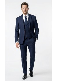 Resim Erkek Klasik Slim Fit Armürlü Kumaş Tek Düğmeli Çift Yırtmaçlı Klasik Yaka Takım Elbise 7 Drop Lacivert 