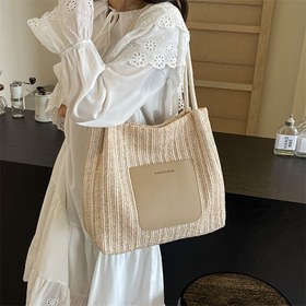 Resim Kadınların Dokuma Hasır Tasarımlı Çanta - Fermuarlı ve Sabit Omuz Askılı Solmaz Sentetik Plaj Çantası, Tatil için Geniş Beyaz Çapraz Vücut Cüzdanı, Günlük Kullanım ve Rahat Geziler İçin, Her Gün Kullanılan Çanta | Omuz Çapraz Vücut | Sentetik Dokuma Malzeme 