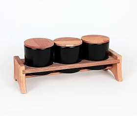 Resim Keramika Mat Siyah Ege Ahşap Standlı Saklama Kabı 10 cm 3 Parça 