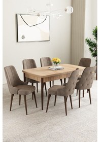Resim Clara Meşe Desen 80x132 Açılabilir Yemek Odası Takımı 6 Adet Sandalye Cappucino 