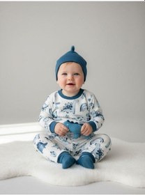 Resim Zekids Erkek Bebek Pamuklu Dinazor Desenli Pijama Takımı-16268 Mavi 