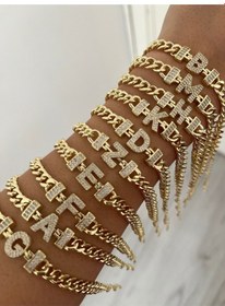 Resim Kadın 14k Gurmet Zincir Zirkon Taşlı Harfli Bileklik B Harfi Altın 