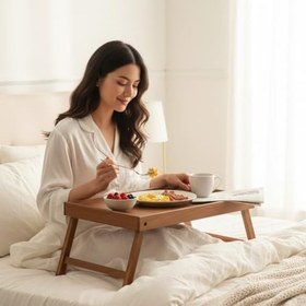 Resim Ahşap Katlanabilir Yatak Tepsisi – Çok Amaçlı Servis ve Laptop Sehpası, Doğal Ahşap, 40x30 cm, Yükseltilmiş Kenarlı 