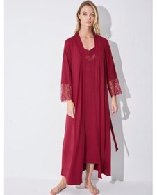 Resim Monamise Kadın Dekolteli Yakası Ve Kolu Dantelli Sabahlık Takımı 18520-kırmızı Kırmızı 