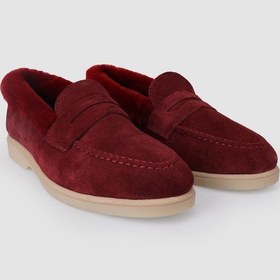 Resim Hakiki Deri Bordo Süet Kürklü Kadın Loafer Bordo 