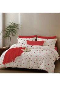 Resim %100 Pamuklu Flanel Pazen Kumaşından Kalpli Tek Kişilik Nevresim Takımı Kırmızı - Beyaz 