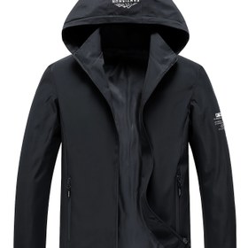 Resim Erkekler İçin Rüzgar Geçirmez Hafif Outdoor Ceket - Ayrılabilen Kapüşonlu, Tam Fermuarlı Ön Yüzey, Beyaz Kenar Detaylı Yaka ve Logo Etiketi, Şık Spor Kıyafeti (Bahar/Sonbahar) Nefes Alabilir Esnek Olmayan 