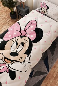 Resim BelezaHome Pembe Puantiyeli Miki Mause Desenli Tek Kişilik Çocuk Yorganı Uyku Seti 