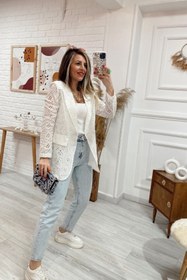 Resim Genel Markalar Kadın Güpürlü Ekru Blazer Yazlık Ceket 