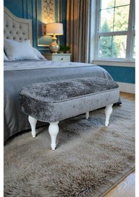 Resim Dikdörtgen Puf Callısto İthal Kadife Kumaş Beyaz Ahşap Ayaklı Modern Tasarım Koyu Gri 