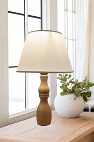 Resim Bohhem Glad Masif Ahşap Ayaklı Zarif Abajur Konik Krem Başlıklı Masa Lambası Komodin Abajur Krem 
