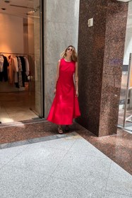Resim Volanlı Kırmızı Koton Saten Elbise - 40 / Kırmızı 