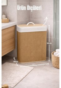 Resim 60lt. Dikdörtgen Bambu Çamaşır Sepeti - Doğal Görünüm Kirli Sepeti Kahverengi 