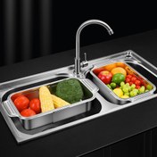 Resim 1 Adet, Paslanmaz Çelik Teleskopik Lavabo Üstü Süzgeç Sepeti, Ayarlanabilir 20.96cm x 34.92cm-43.81cm Boyutlu Meyve ve Sebze Durulama, Makarna Süzme & Bulaşık Kurutma İçin, Temel Mutfak Aleti 