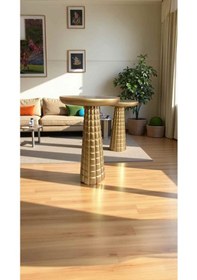 Resim Doğal 2 Li Ahşap Mantar Sehpa Altın Varak Yan Sehpa Seti Bej 